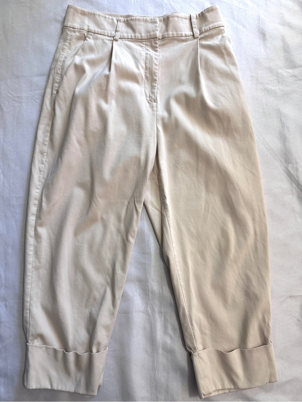& Other Stories Cream Wide Leg Cuffed Pleated Ankle Cotton Modal Pants Size 12